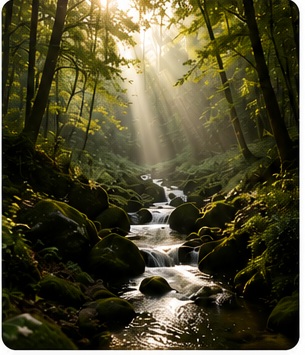 Sunlight through a peaceful forest stream